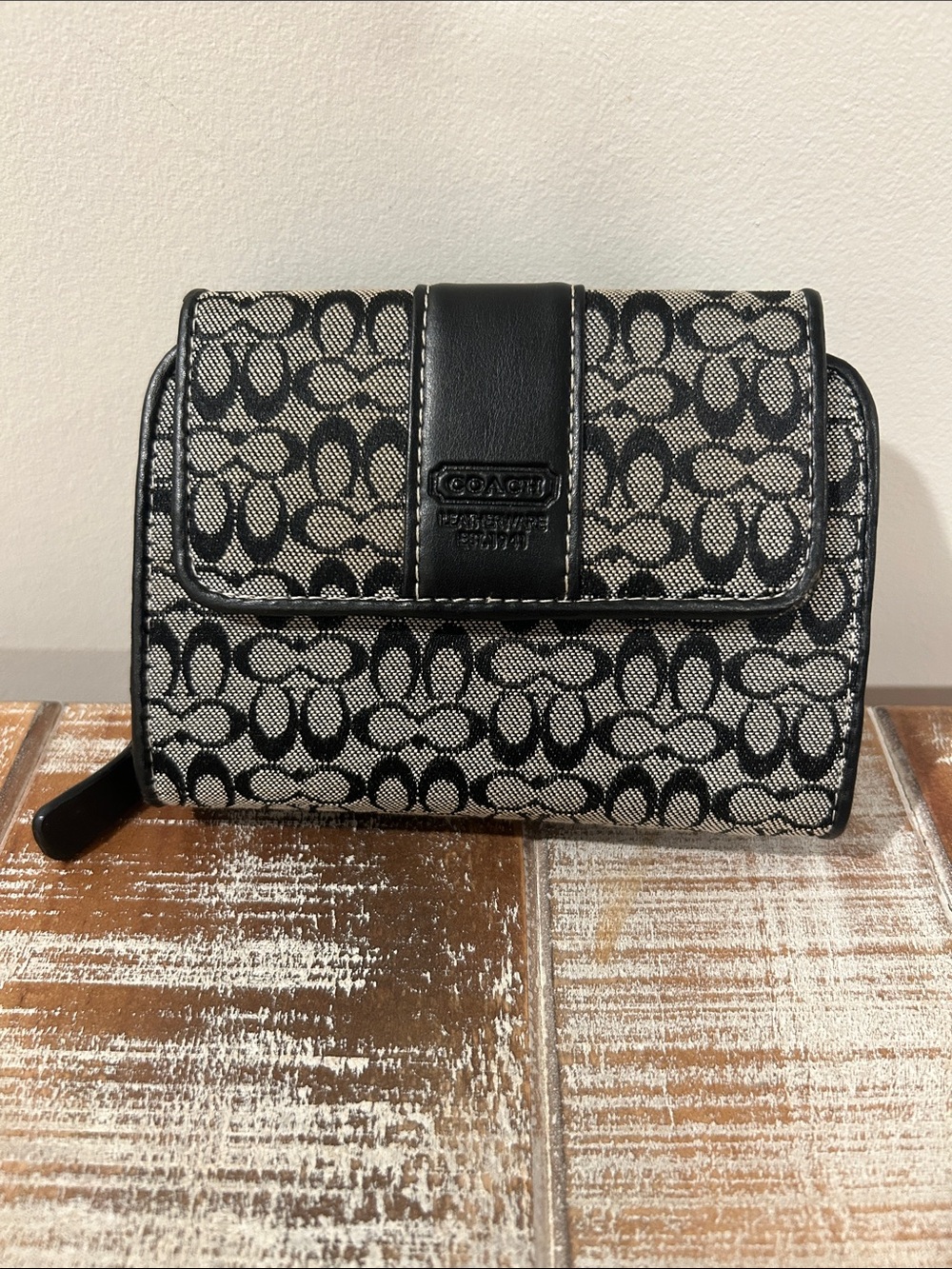 Coach Black and Tan Signature Canvas Wallet Y2K